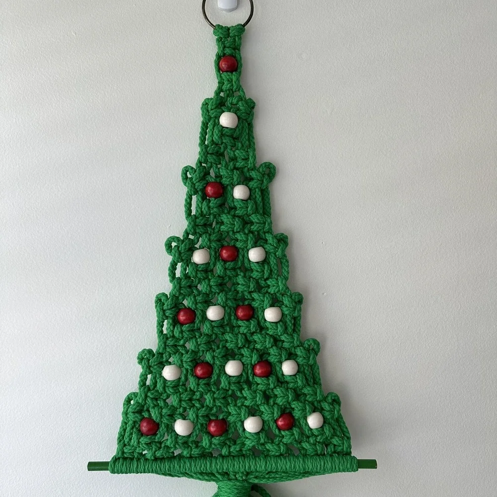 Vtg Macrame Crochet Handmade Christmas Tree Wall Hanging Large Green Red 32 X 12